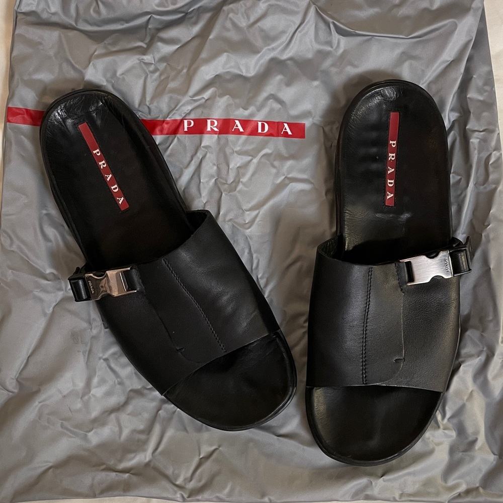 Prada Men’s Black Leather Metal Buckle Sandals